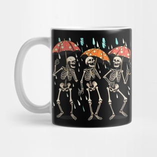 Laughing skeletons outside in the rain. Mug